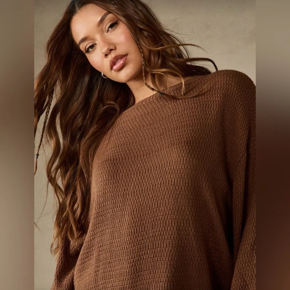 Missguided Oversized Ribbed Knit Brown Sweater Dress - Picture 4 of 4